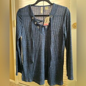 Chenault Blue Lace-Up Ribbed Knit Long Sleeve Top
